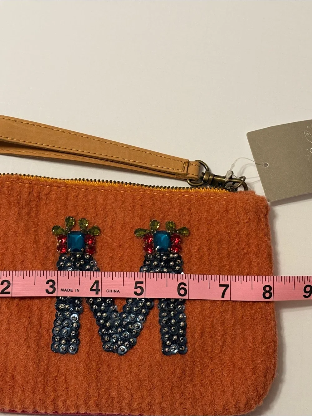 BNWT Anthropologie Orange Beaded 'M' Wristlet Clutch